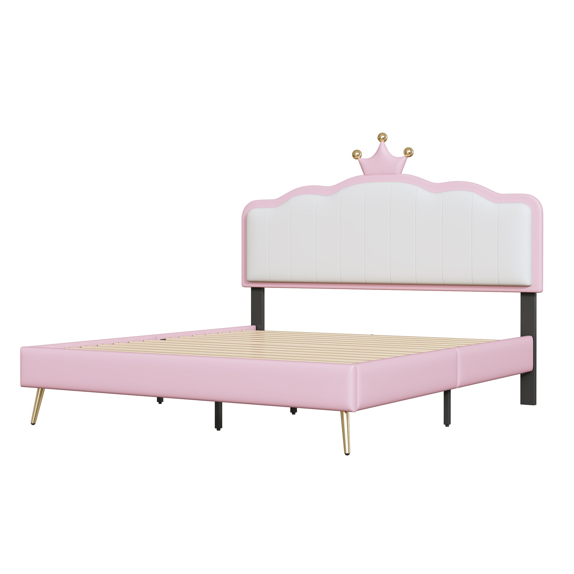 Full Size Upholstered Princess Bed With Crown Headboard,Full Size Platform Bed With Headboard And Footboard With Light Strips,Golden Metal Legs, White Pink Pink Pu