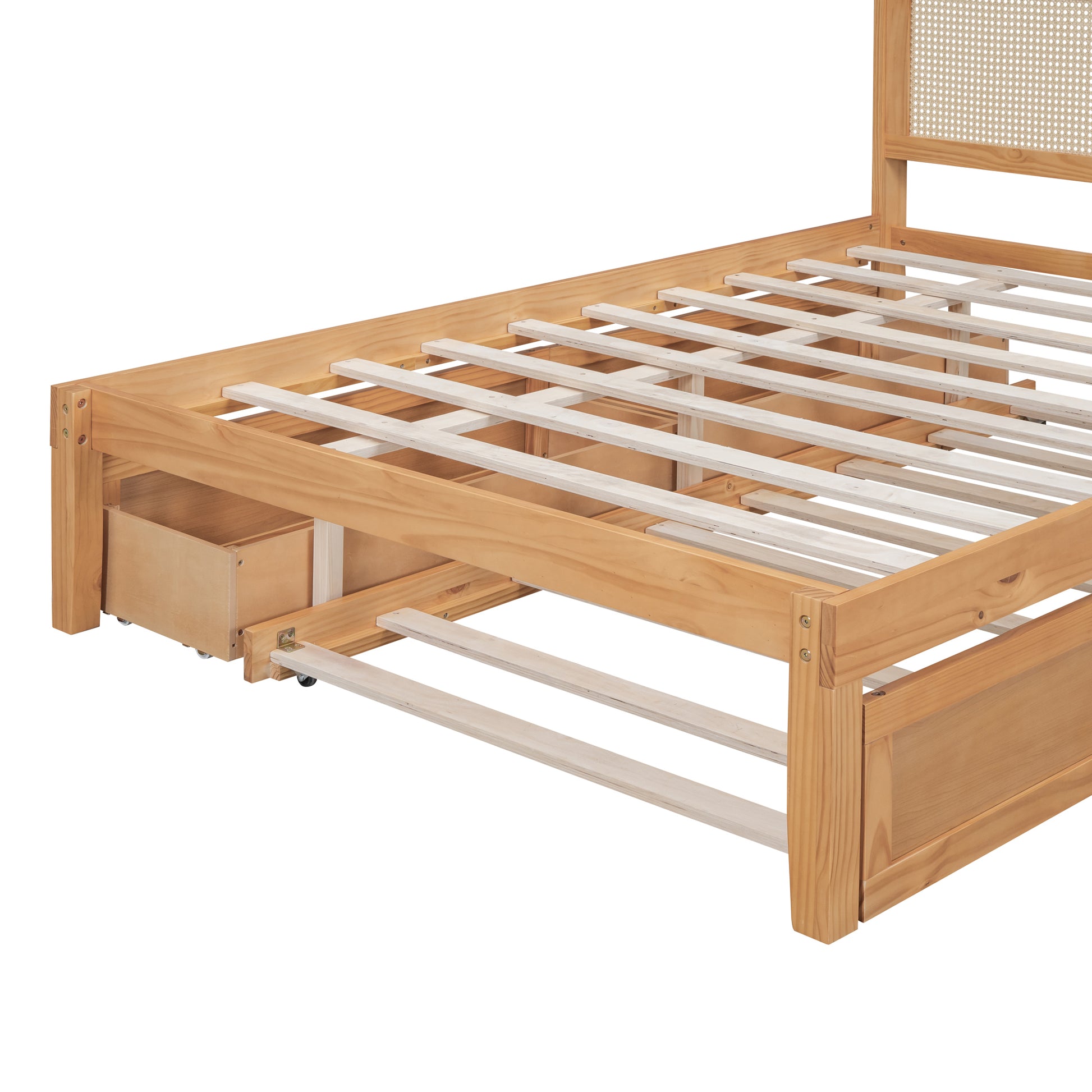 Full Size Elegant Bed Frame With Rattan Headboard And Sockets ,Natural Full Natural Rattan