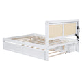 Full Size Elegant Bed Frame With Rattan Headboard And Sockets ,White Full White Rattan