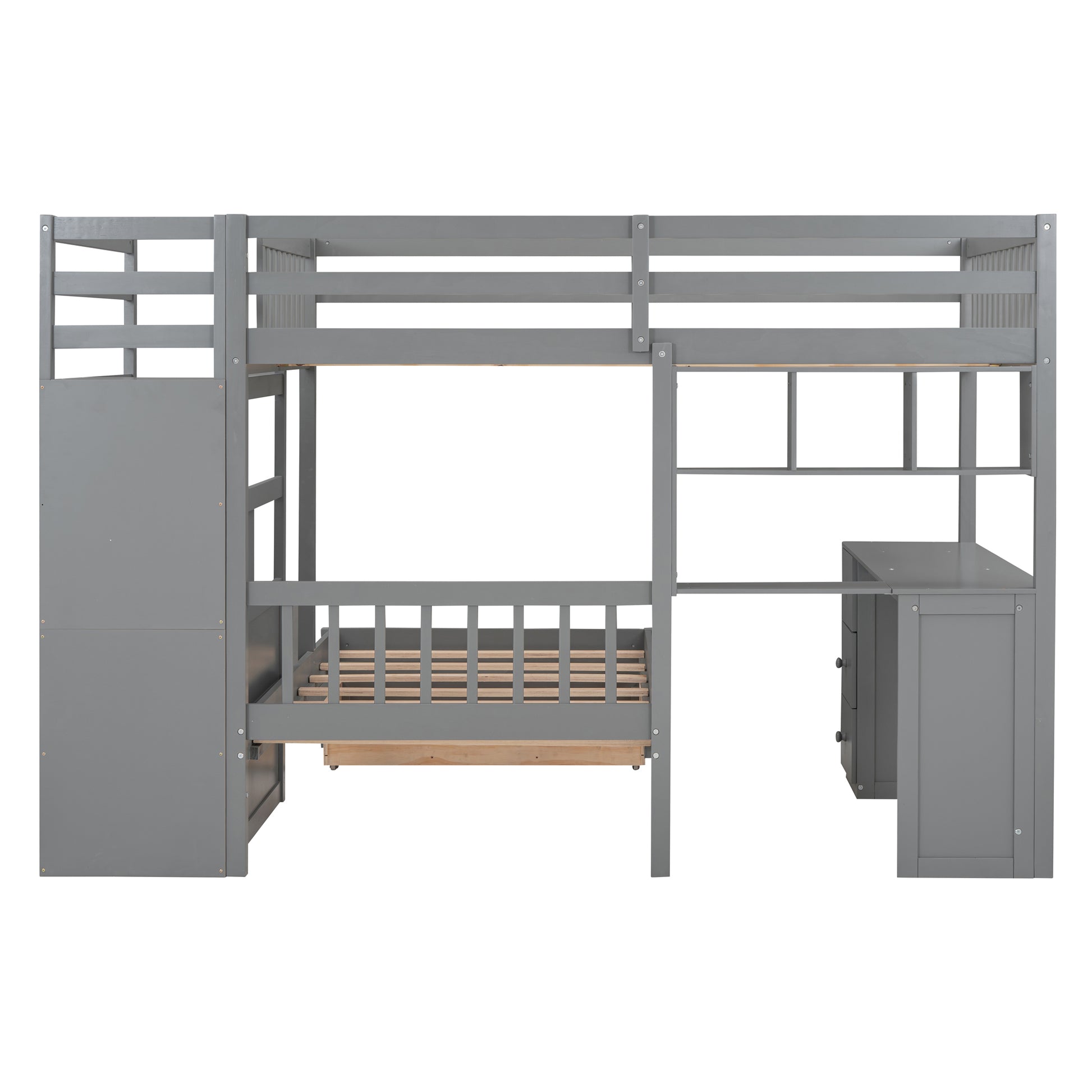 Full Over Twin Bunk Bed With Desk, Drawers And Shelves, Gray Gray Solid Wood