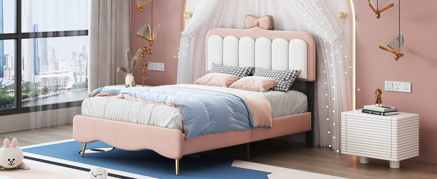 Twin Size Velvet Princess Bed With Bow Knot Headboard,Twin Size Platform Bed With Headboard And Footboard,White Pink Pink Velvet