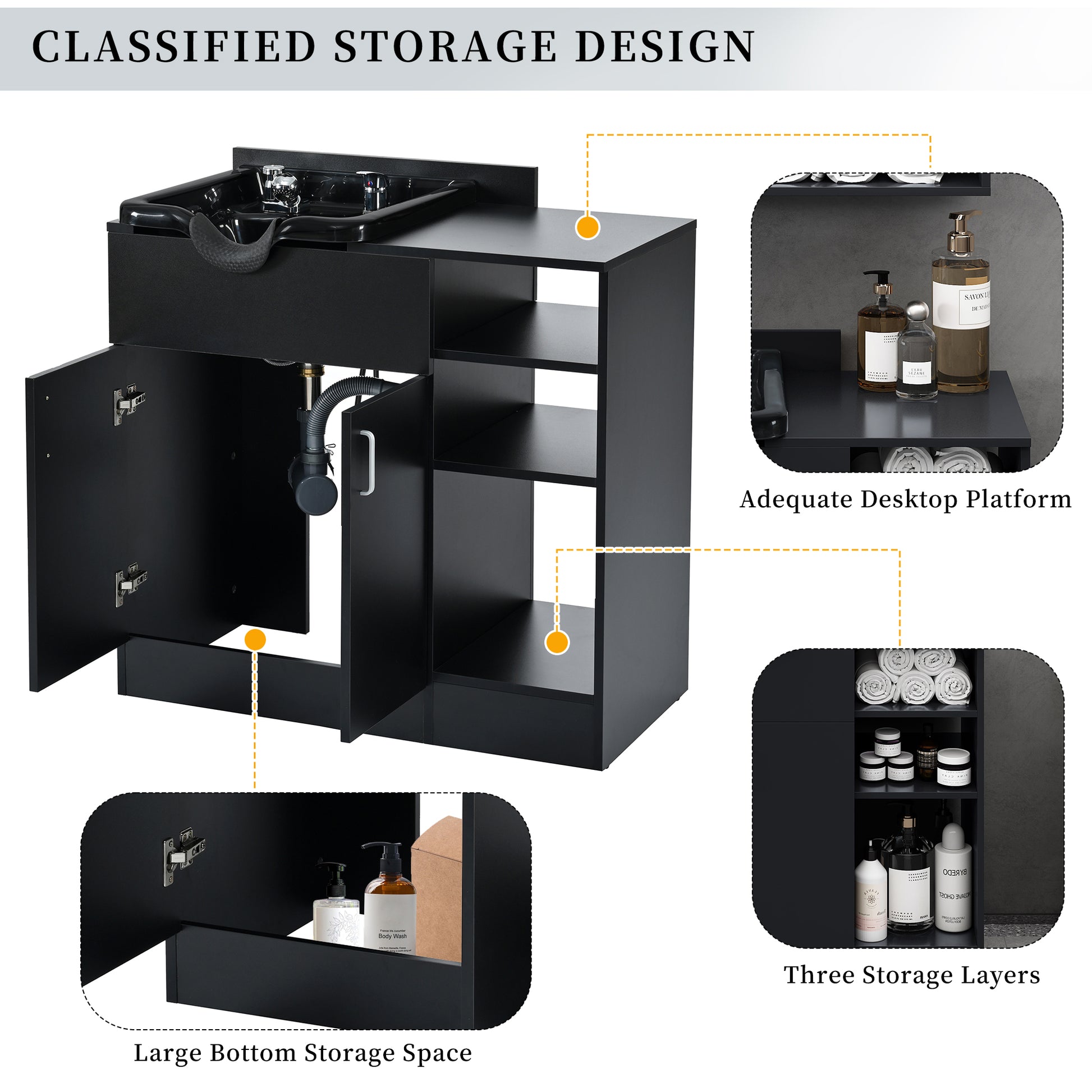 Shampoo Backwash Station For Salons,Salon Station With Shampoo Bowl & Storage Layer,Salon Equipment For Spa Beauty Black Classic,Modern Abs Steel Q235 Wood Pvc