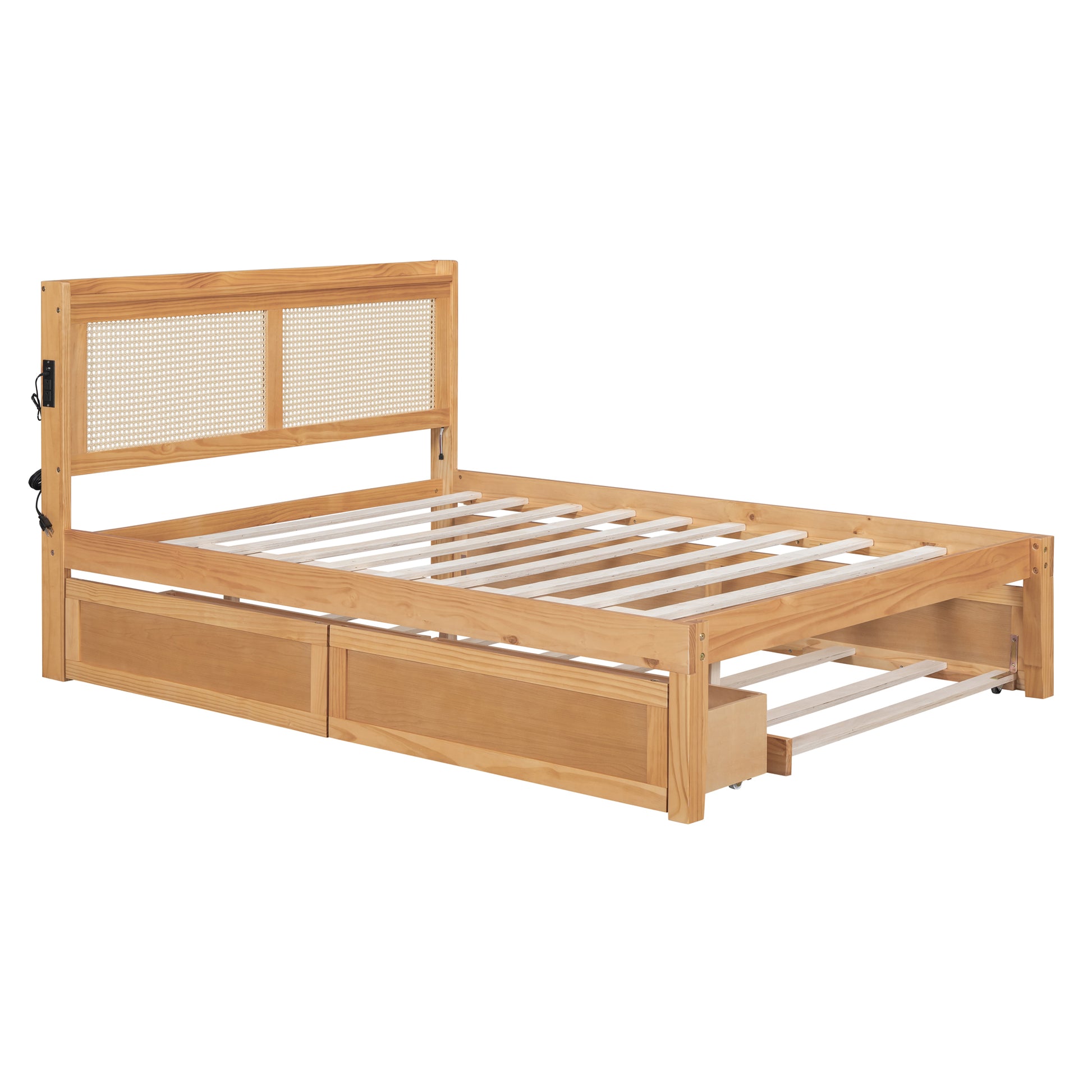 Full Size Elegant Bed Frame With Rattan Headboard And Sockets ,Natural Full Natural Rattan