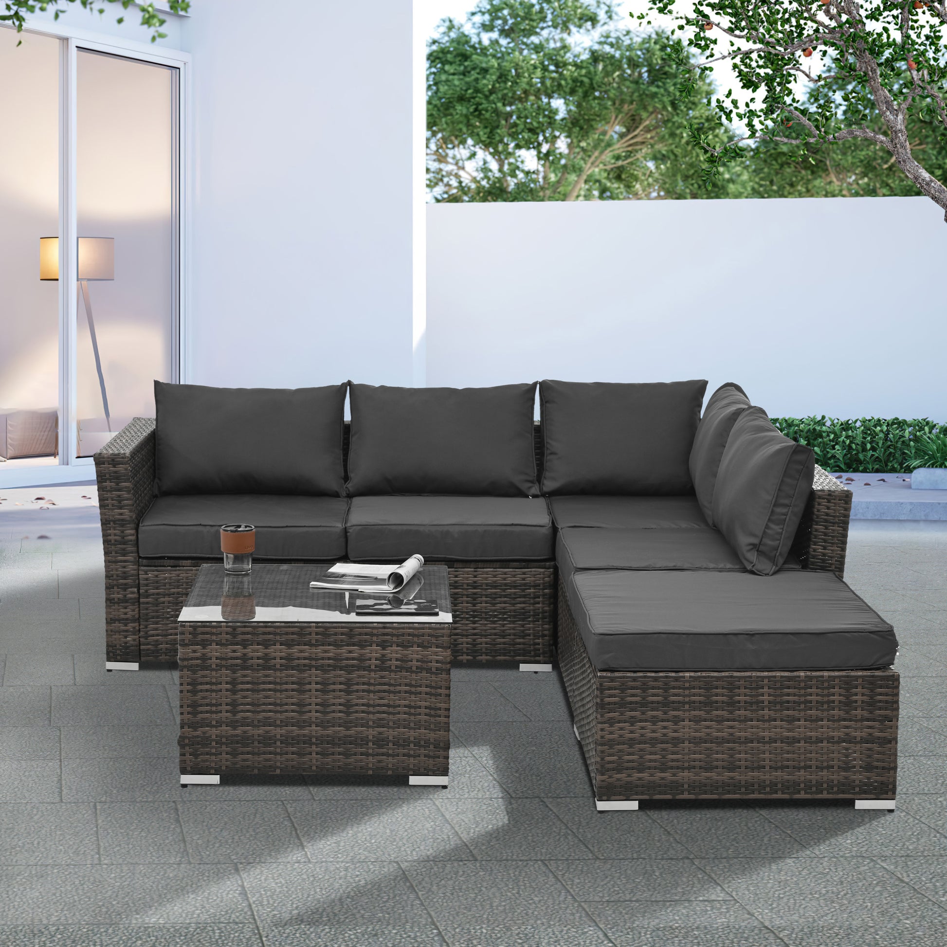 Patio Furniture, Outdoor Furniture, Seasonal Pe Wicker Furniture, 4 Set Wicker Furniture With Tempered Glass Coffee Table Brown Pe Rattan Iron Waterproof Fabric