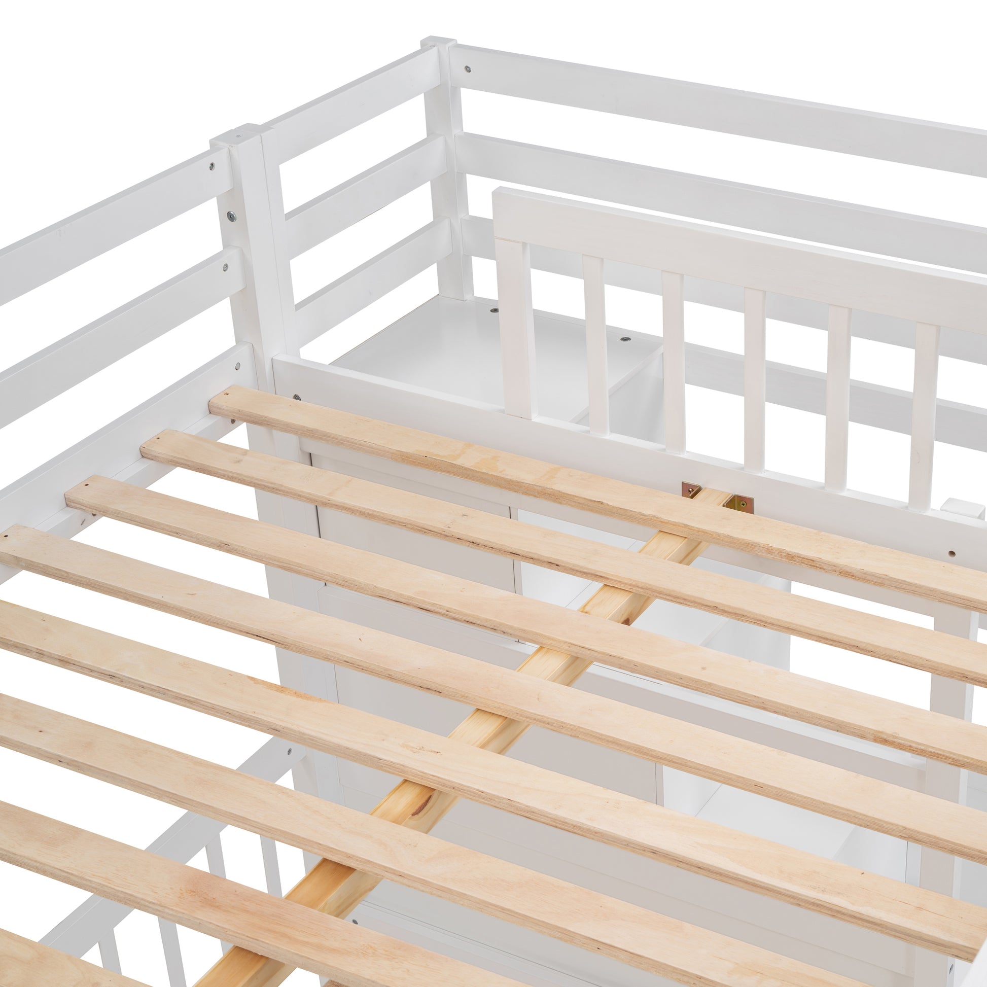 Full Over Twin Bunk Bed With Desk, Drawers And Shelves, White White Solid Wood