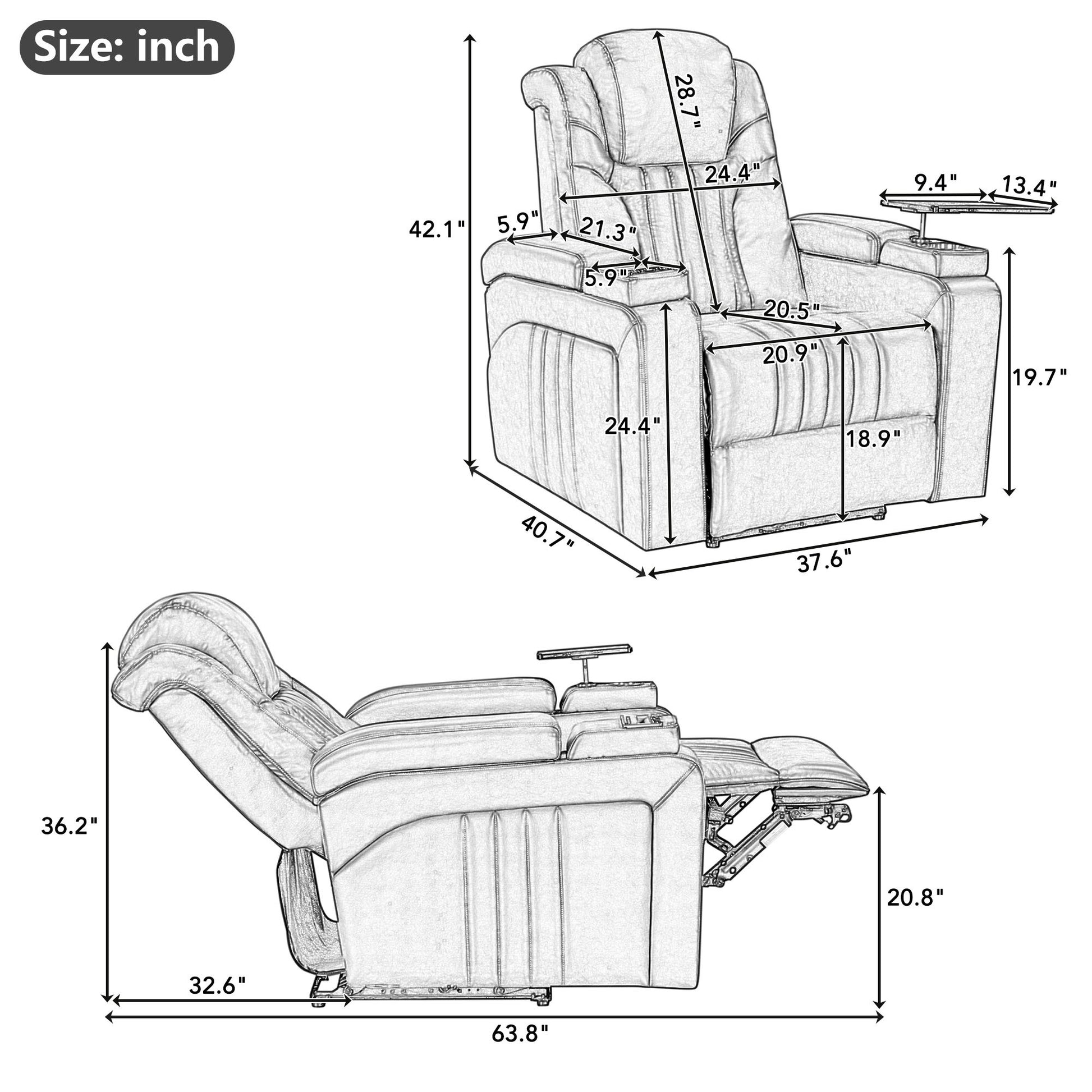 Pu Leather Power Recliner Home Theater Recliner With Power Adjustable Headrest, Wireless Charging Device, Usb Port, Storage Arms, Cup Holder And Swivel Tray Table For Living Room, Black Black Foam Pu Leather