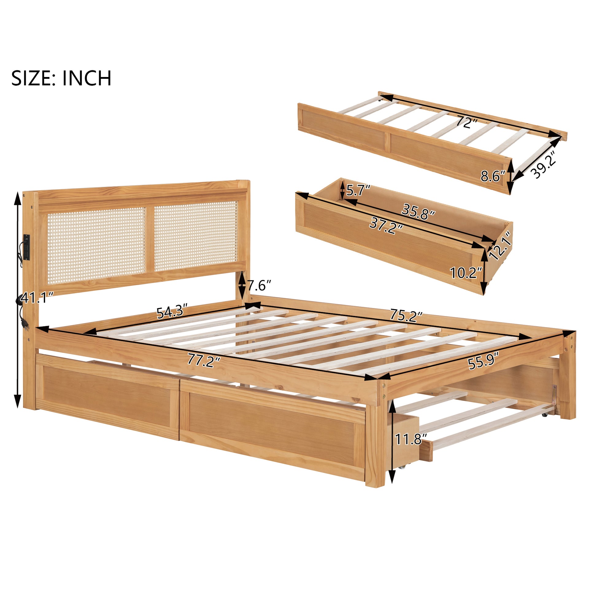 Full Size Elegant Bed Frame With Rattan Headboard And Sockets ,Natural Full Natural Rattan