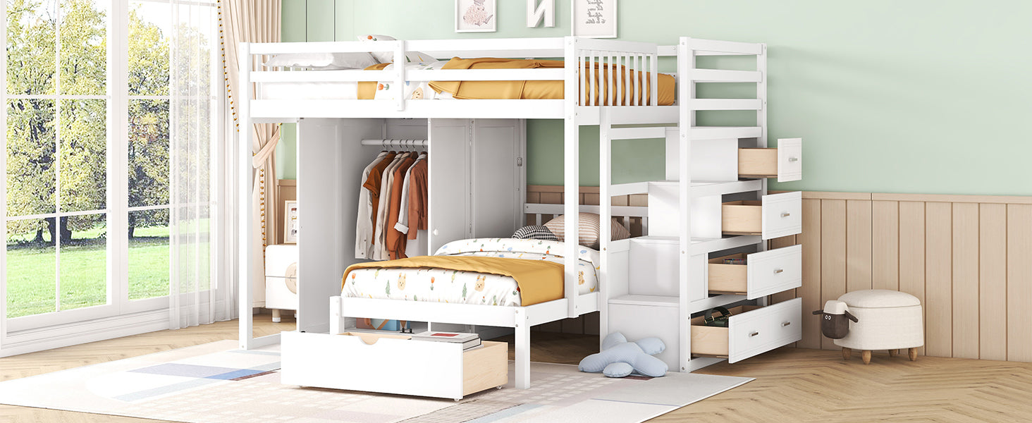 Full Over Twin Bunk Bed With Wardrobe, Drawers, White White Solid Wood