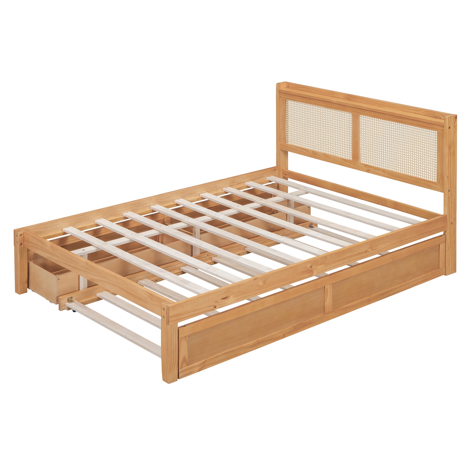 Full Size Elegant Bed Frame With Rattan Headboard And Sockets ,Natural Full Natural Rattan