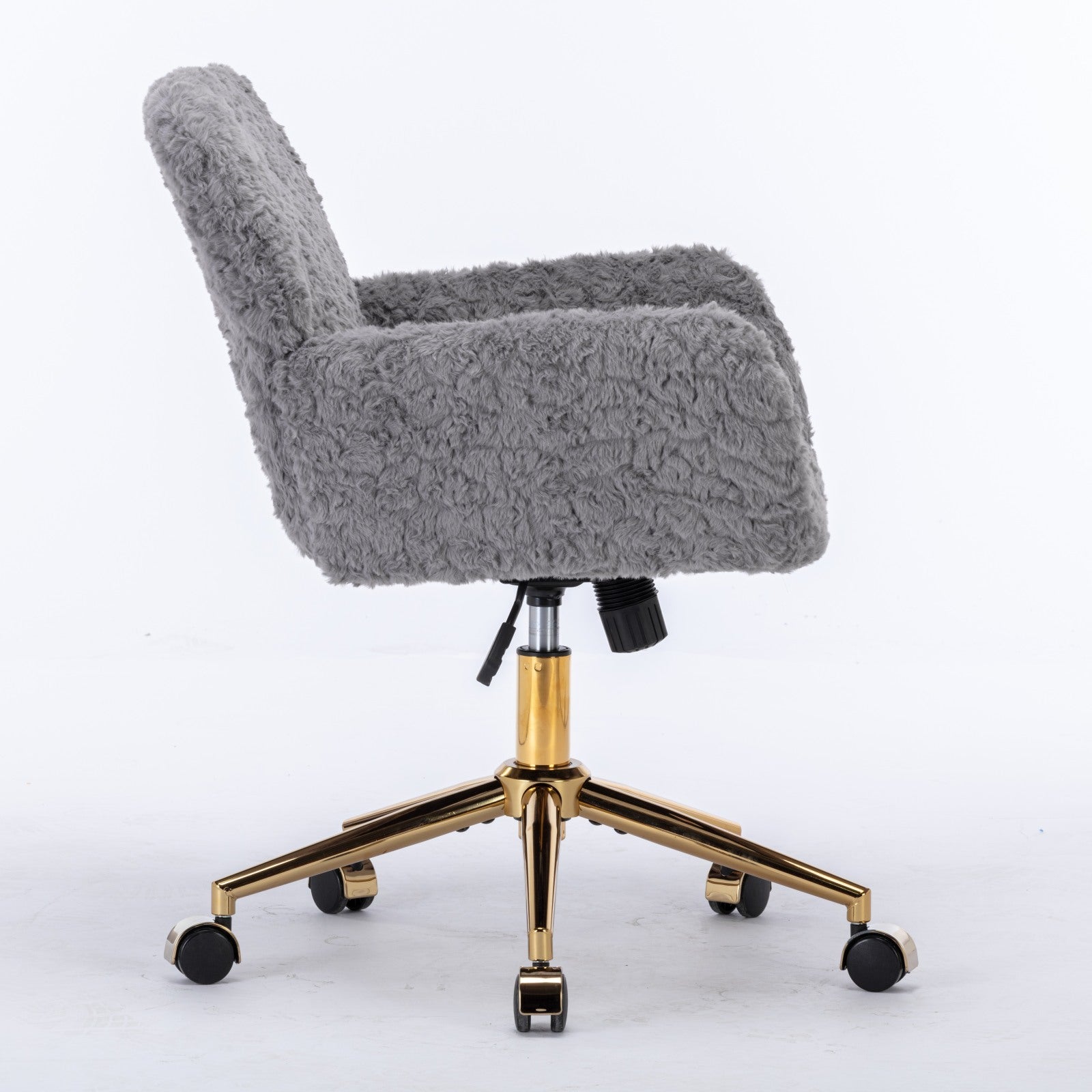 Office Chair,Artificial Rabbit Hair Home Office Chair With Golden Metal Base,Adjustable Desk Chair Swivel Office Chair,Vanity Chair Gray Gray Bedroom Foam Upholstered