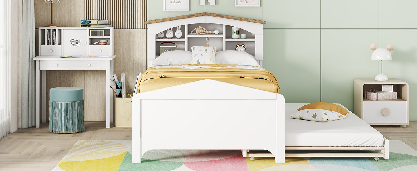 Twin Size Wood Platform Bed With House Shaped Storage Headboard And Trundle, White Box Spring Not Required Twin White Wood Bedroom Bed Frame Solid Wood Mdf