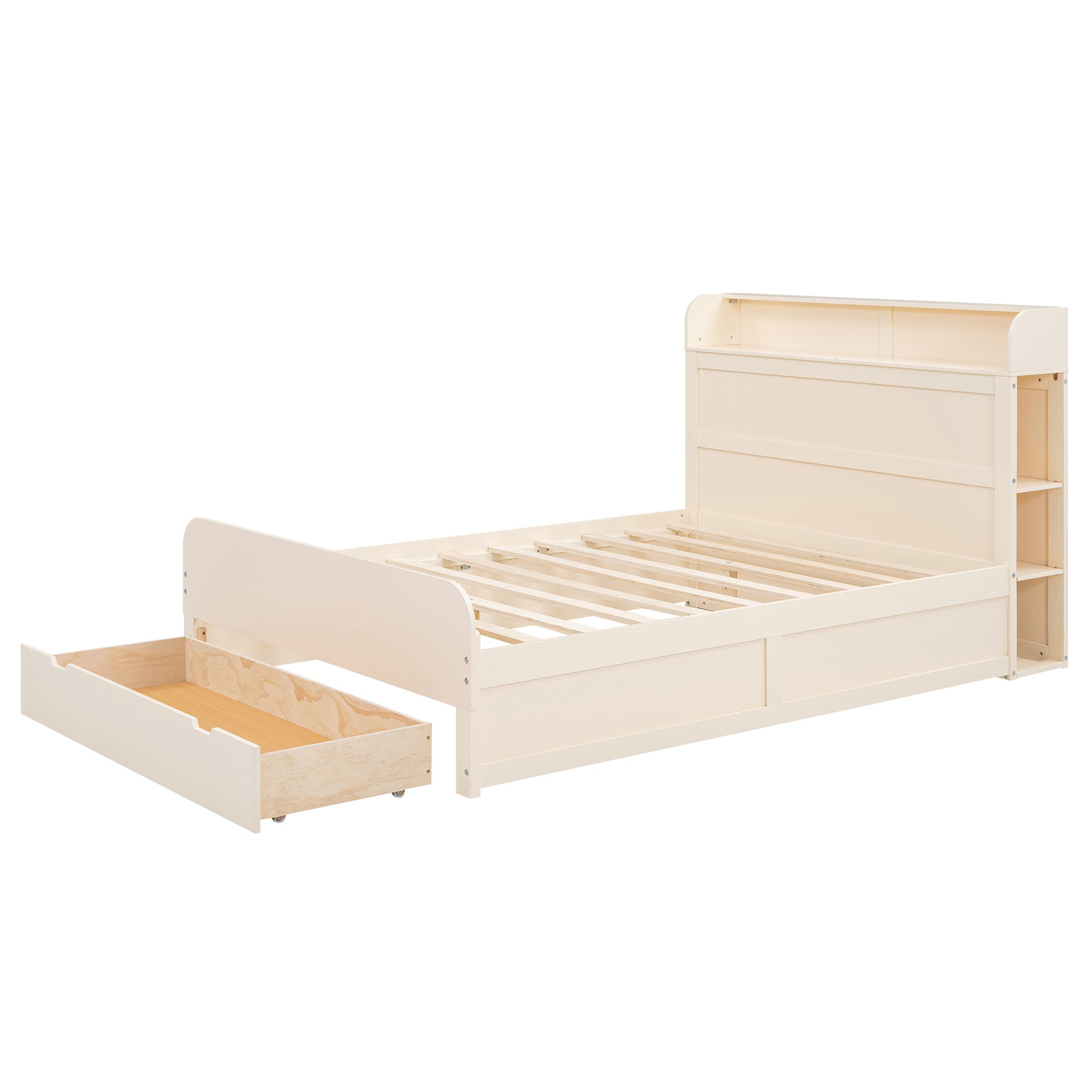 Full Size Platform Bed With Storage Headboard And A Big Drawer, Cream Box Spring Not Required Full Cream Wood Bedroom Bed Frame Solid Wood Mdf