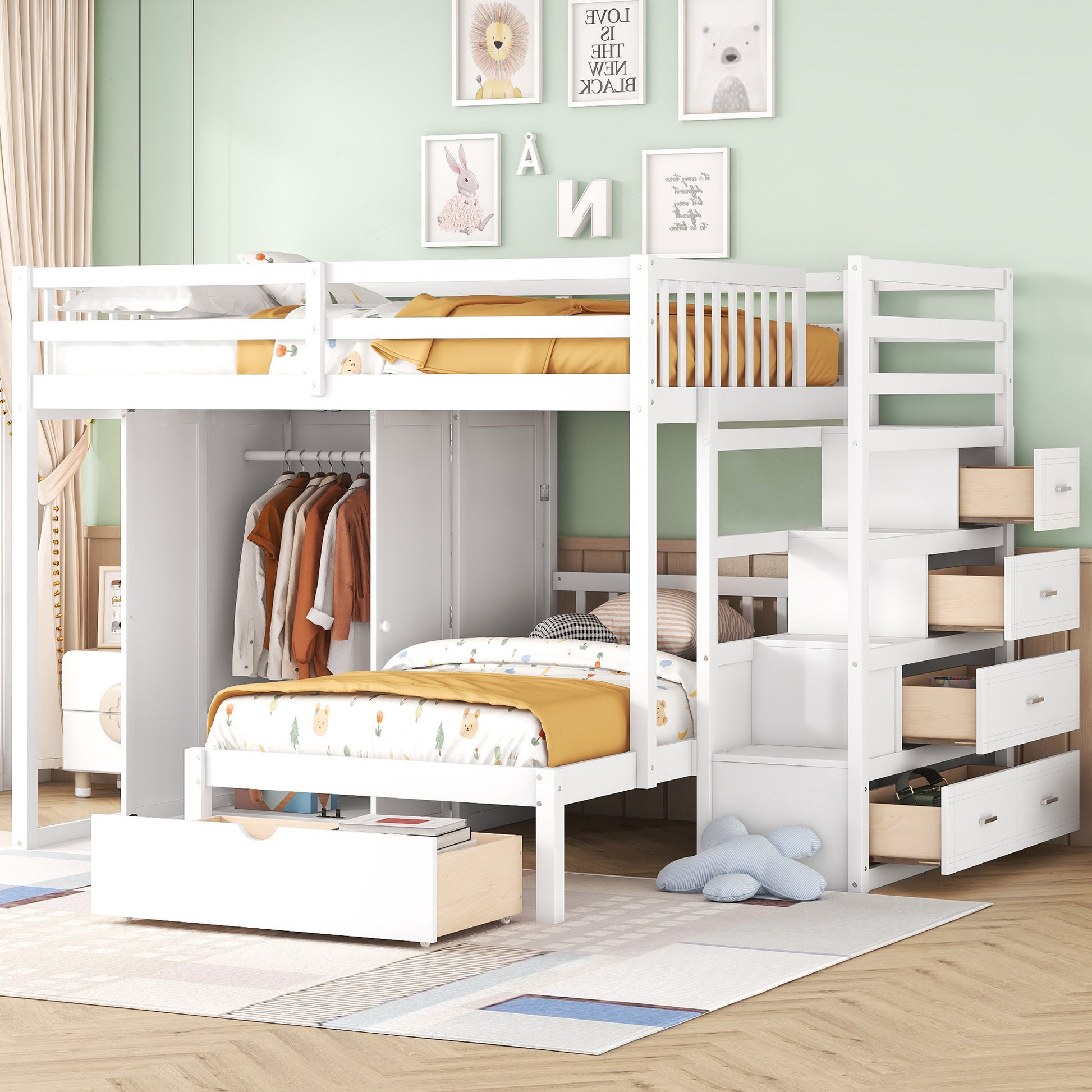 Full Over Twin Bunk Bed With Wardrobe, Drawers, White White Solid Wood