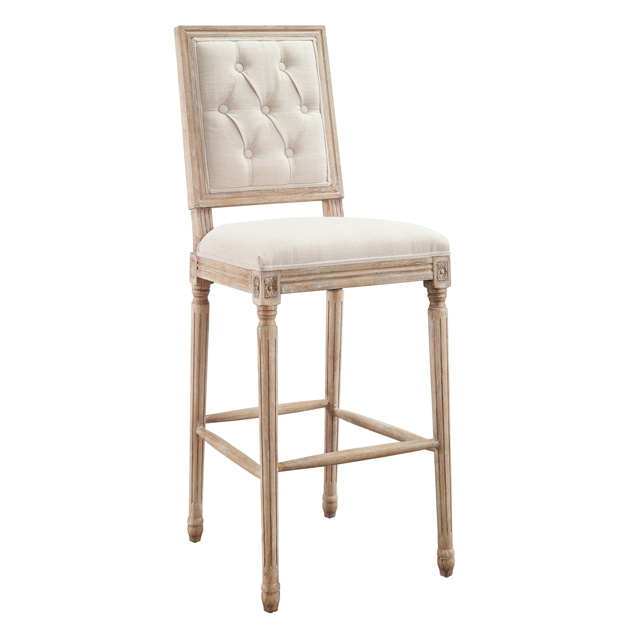 Transitional Wooden Bar Stool With Tufted Square Back, Beige And Brown Beige Brown Wood Fabric