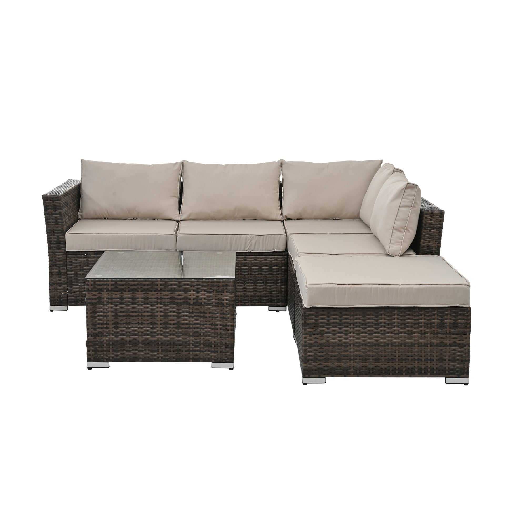 Patio Furniture, Outdoor Furniture, Seasonal Pe Wicker Furniture, 4 Set Wicker Furniture With Tempered Glass Coffee Table Brown Pe Rattan Iron Waterproof Fabric