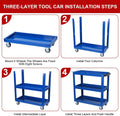 Tool Cart On Wheels, 3 Tier Rolling Mechanic Tool Cart, Heavy Duty Steel Utility Cart W Lockable Wheels, 450 Lbs Capacity Industrial Service Cart For Garage, Warehouse, Workshop Blue Blue Abs Steel