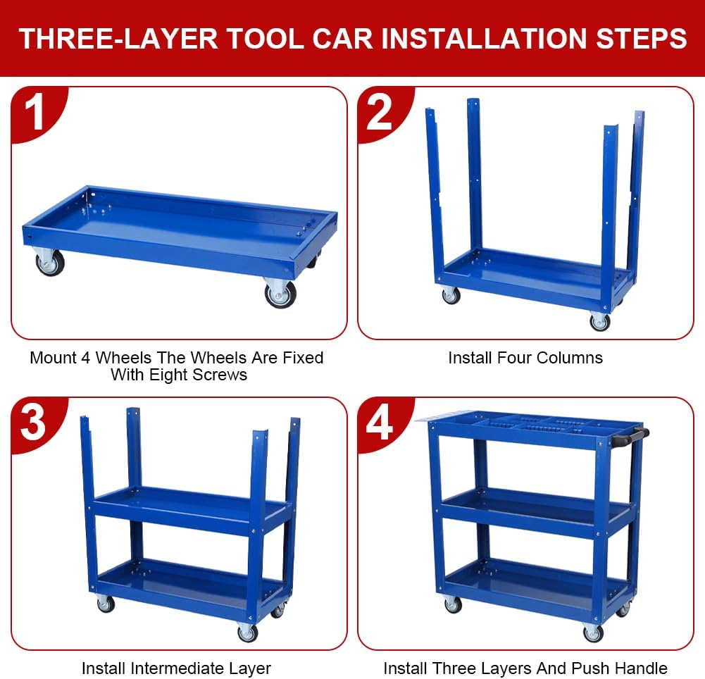 Tool Cart On Wheels, Heavy Duty Steel Utility Cart W Lockable Wheels, 400 Lbs Capacity Industrial Service Cart For Garage, Warehouse, Workshop Two Layer Bright Blue Blue Abs Steel Q235