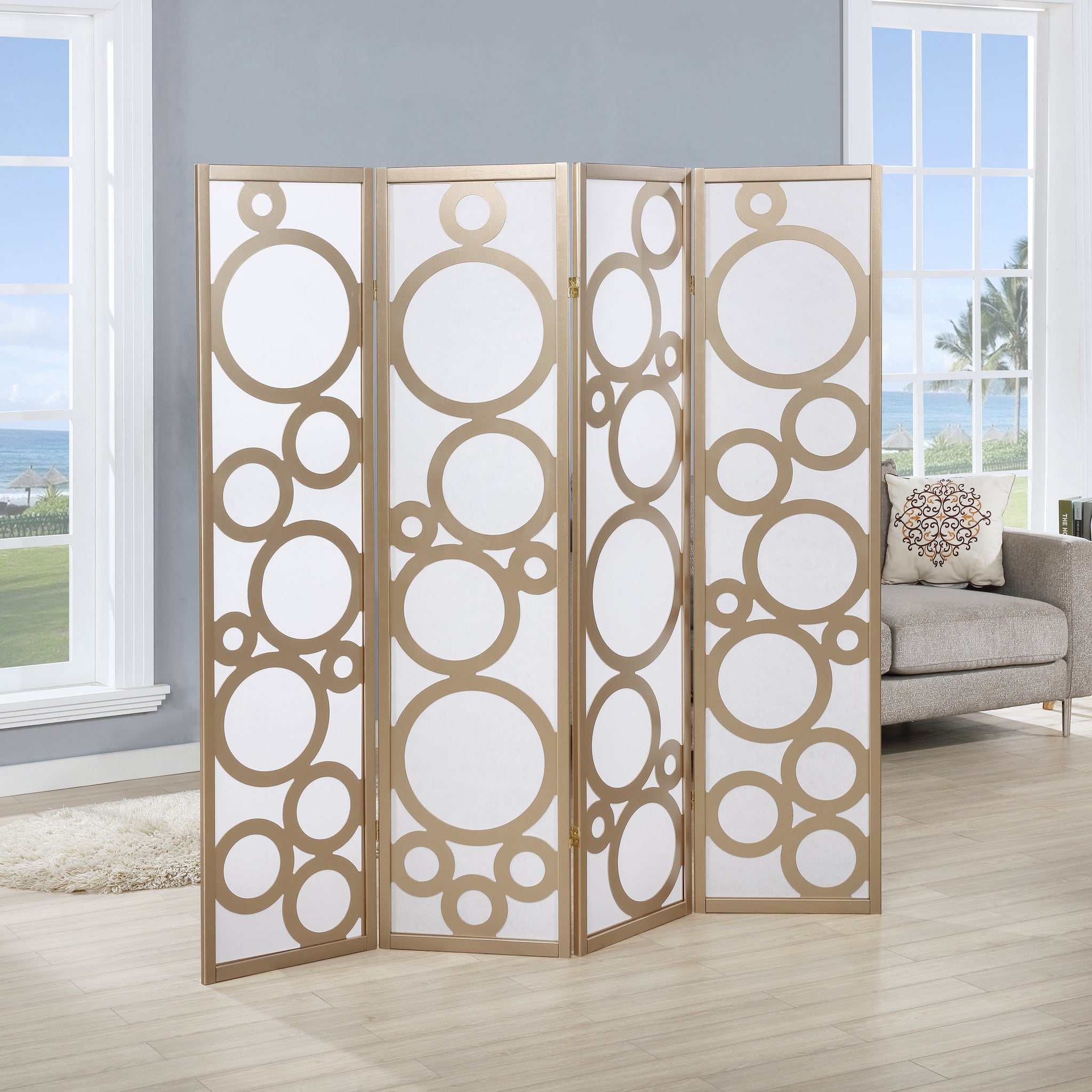 Arvada 4 Panel Wood Room Divider With Circle Pattern, Gold Gold Wood Paper