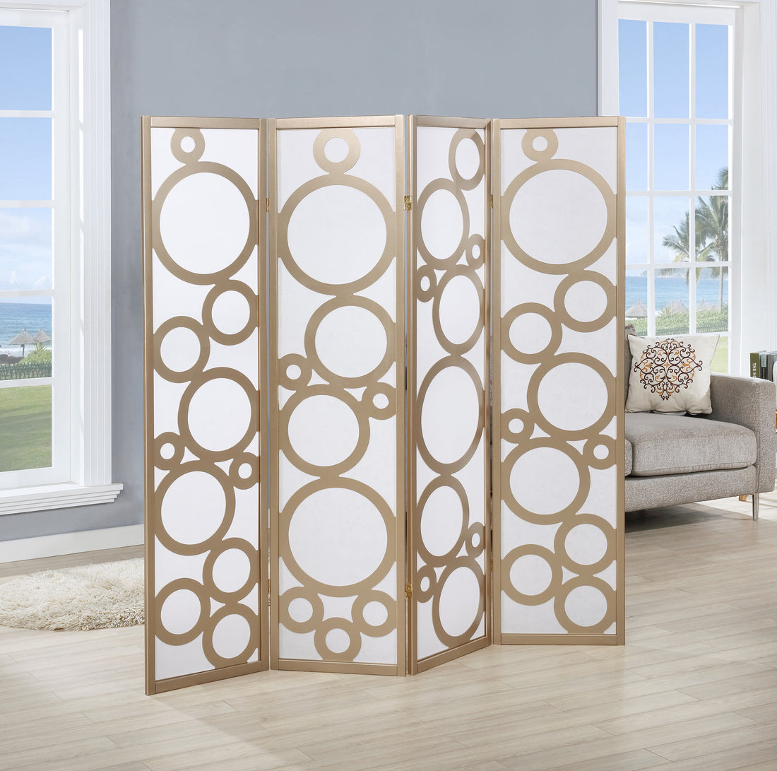 Arvada 4 Panel Wood Room Divider With Circle Pattern, Gold Gold Wood Paper