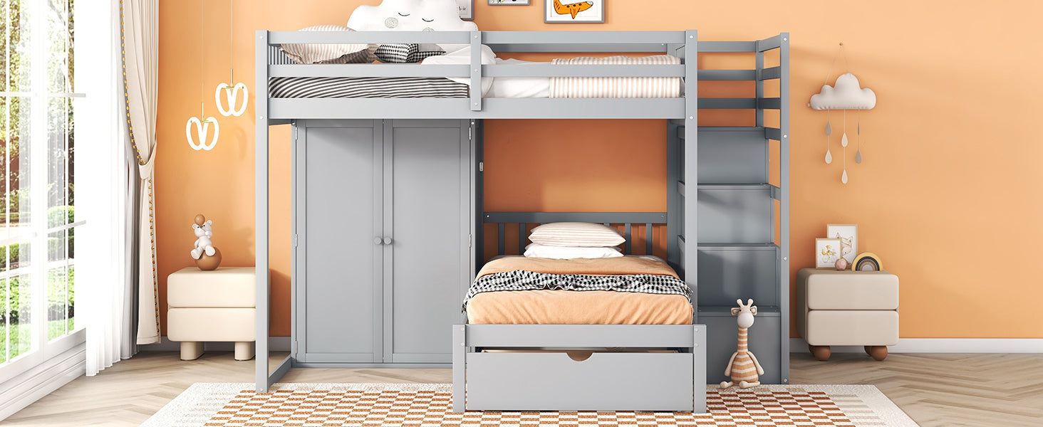 Full Over Twin Bunk Bed With Wardrobe, Drawers, Gray Gray Solid Wood