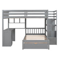 Full Over Twin Bunk Bed With Desk, Drawers And Shelves, Gray Gray Solid Wood