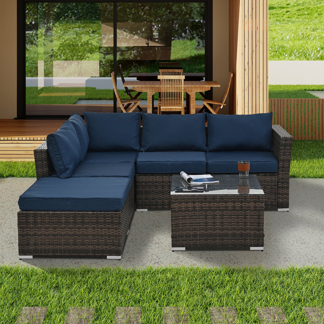 Patio Furniture, Outdoor Furniture, Seasonal Pe Wicker Furniture, 4 Set Wicker Furniture With Tempered Glass Coffee Table Brown Pe Rattan Iron Waterproof Fabric