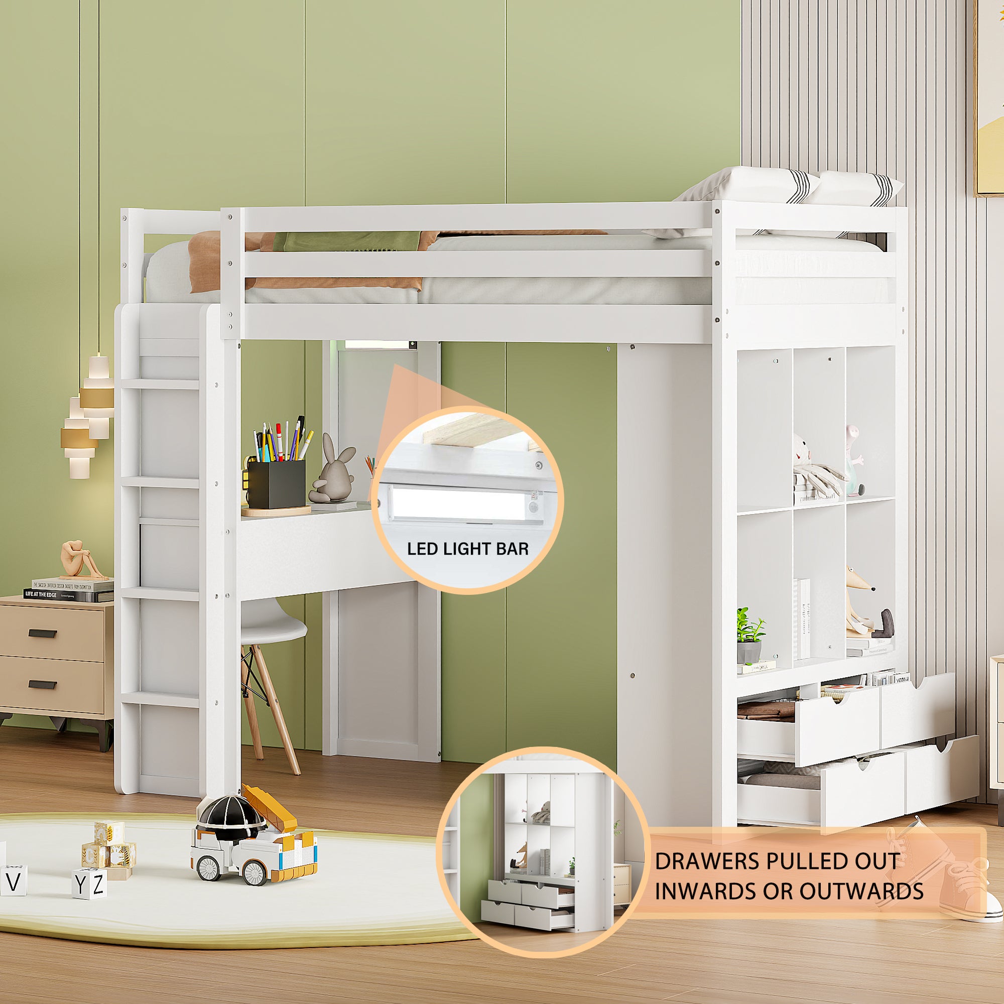 Twin Size Loft Bed With Large Shelves, Writing Desk And Led Light, White White Solid Wood Mdf