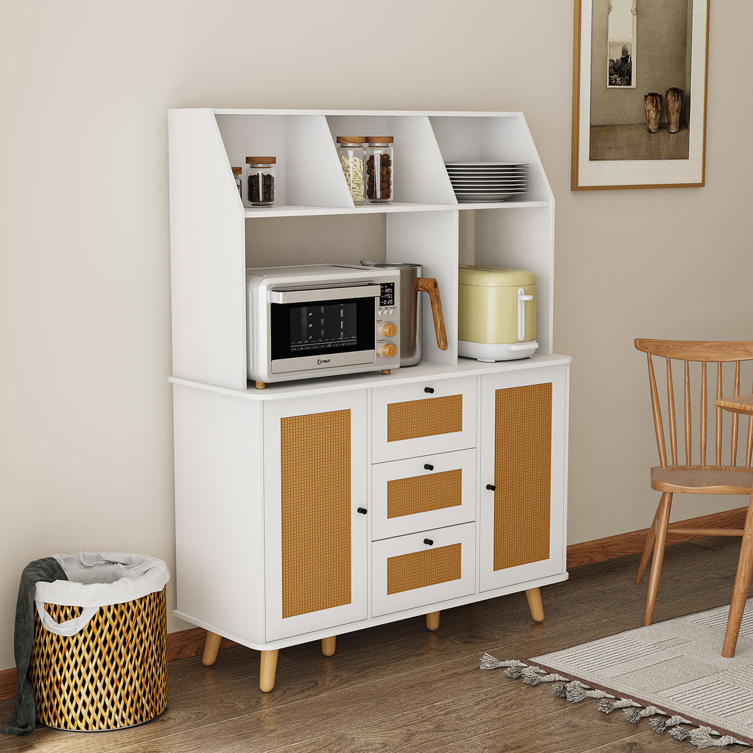 Cabinet With Rattan Door And 3 Drawers,Floor Cabinet With Storage,Buffet Cabinet For Living Room, Dining Room, Entryway White Mdf