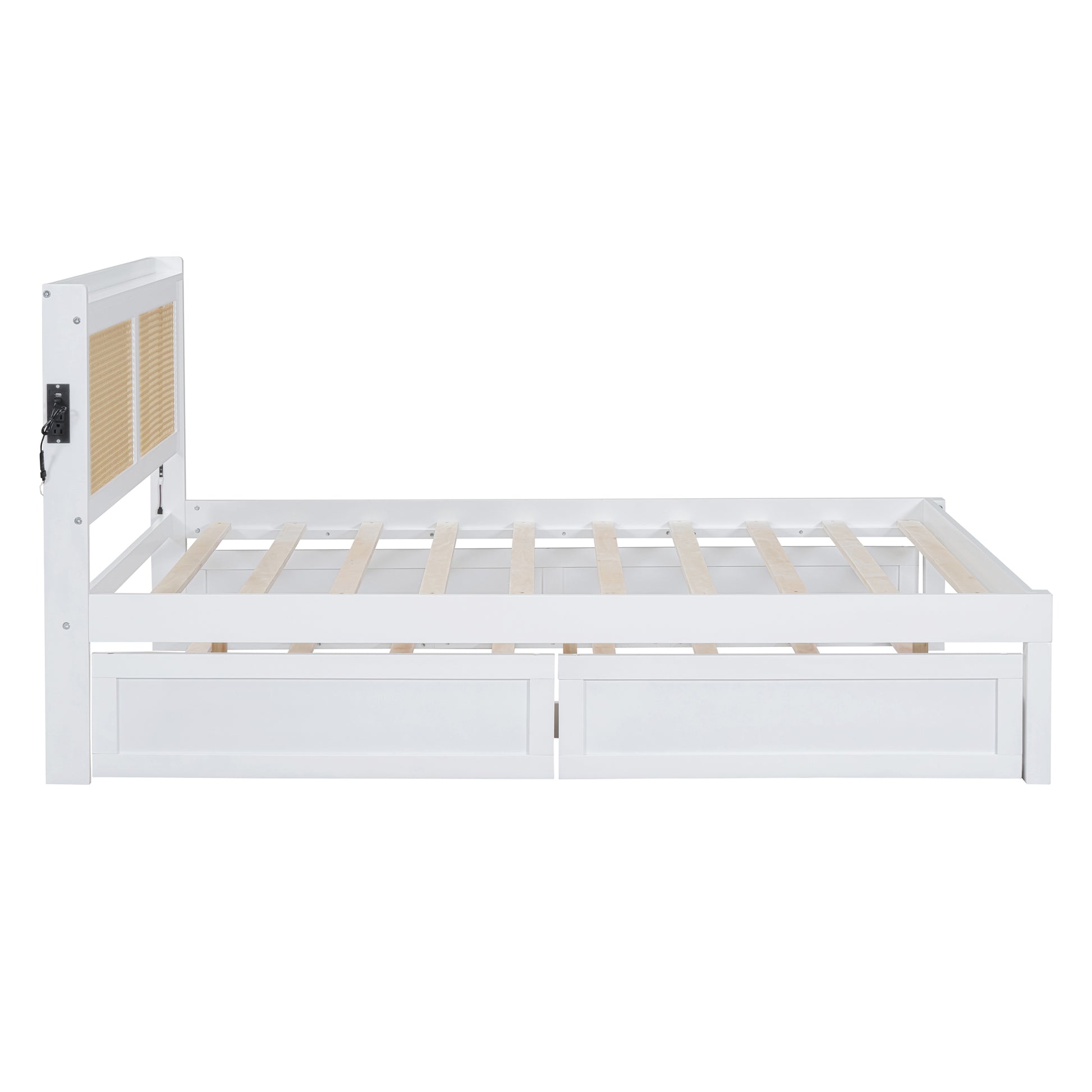 Full Size Elegant Bed Frame With Rattan Headboard And Sockets ,White Full White Rattan