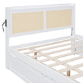 Full Size Elegant Bed Frame With Rattan Headboard And Sockets ,White Full White Rattan