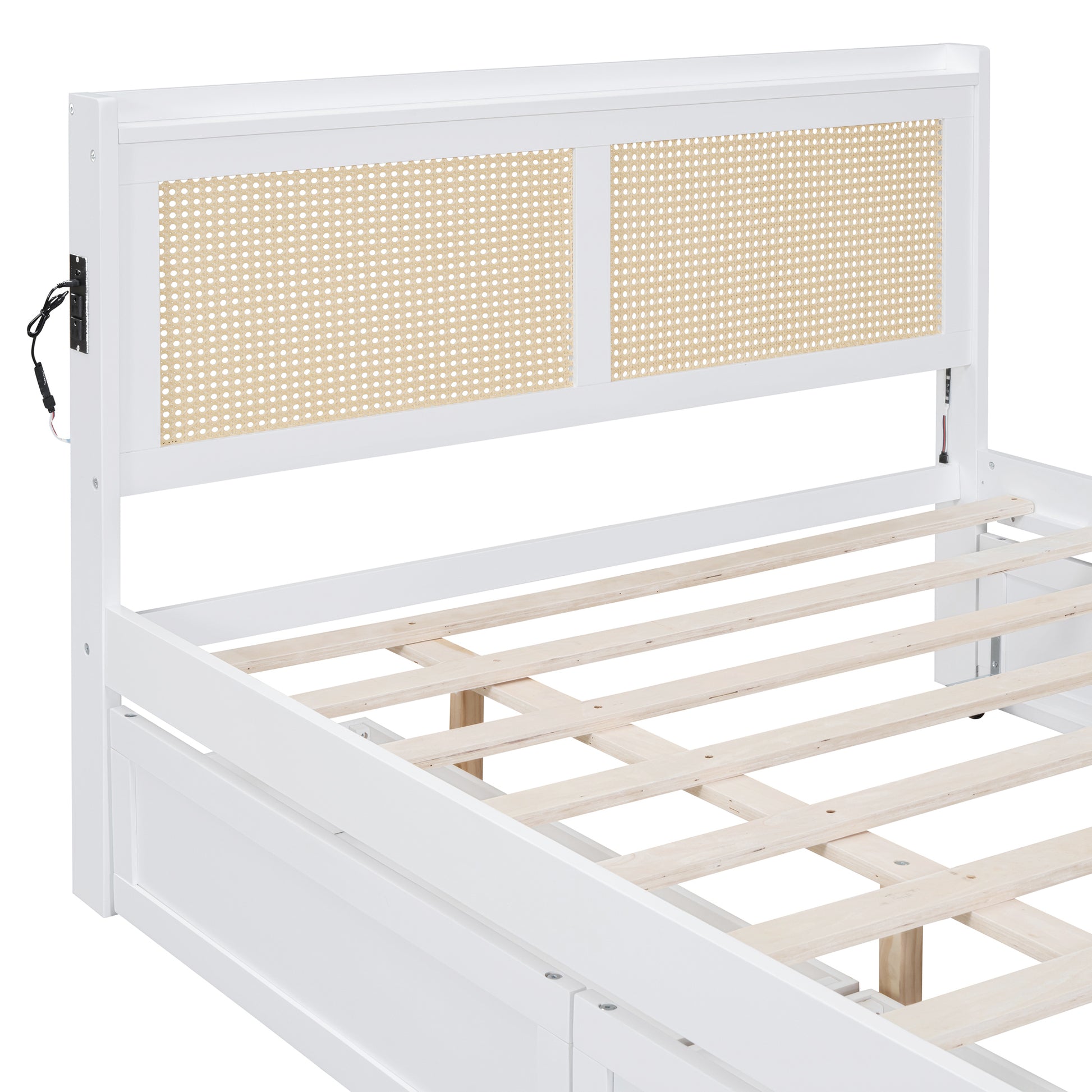 Full Size Elegant Bed Frame With Rattan Headboard And Sockets ,White Full White Rattan