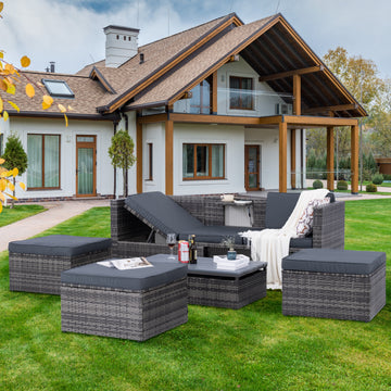 Patio Furniture, Outdoor Furniture, Seasonal Pe Wicker Furniture,5 Set Wicker Furniture With Plywood Coffee Table,With Lift Top Coffee Table,With Lounger Sofa Dark Gray Pe Rattan Iron Waterproof Fabric