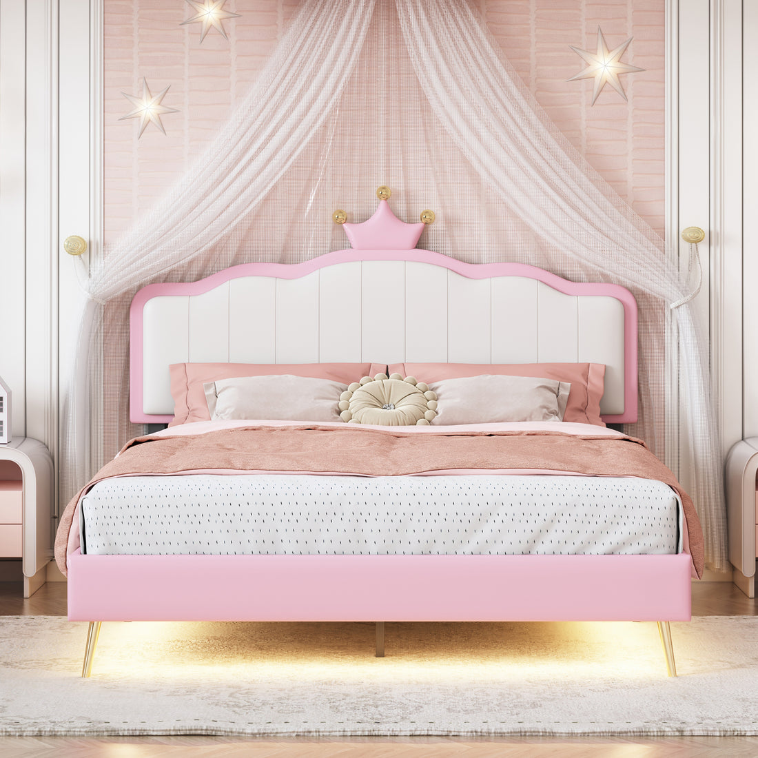 Full Size Upholstered Princess Bed With Crown Headboard,Full Size Platform Bed With Headboard And Footboard With Light Strips,Golden Metal Legs, White Pink Pink Pu