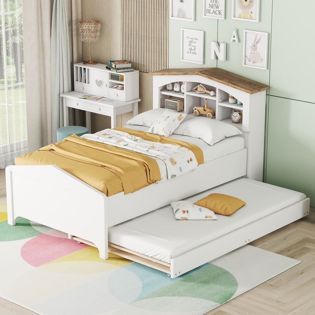 Twin Size Wood Platform Bed With House Shaped Storage Headboard And Trundle, White Box Spring Not Required Twin White Wood Bedroom Bed Frame Solid Wood Mdf