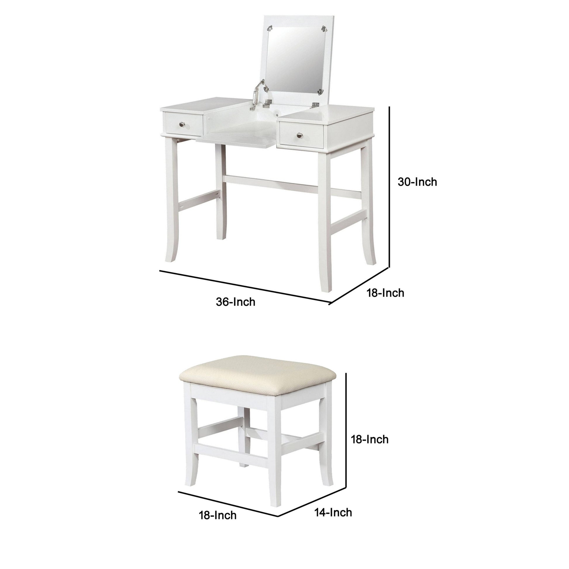 2 Piece Wood Vanity Set, Sturdy Sabre Legs, White, Silver White Silver Wood