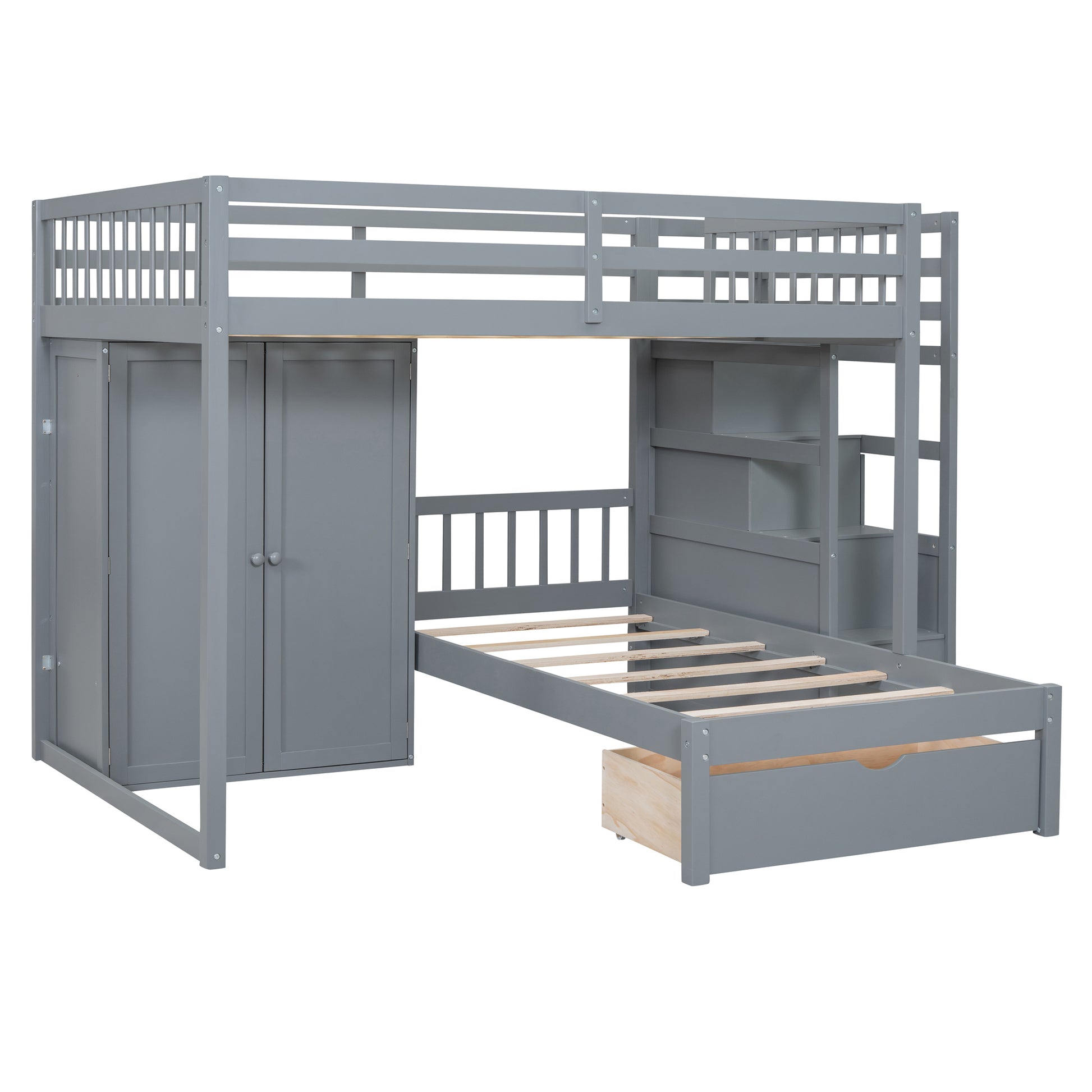 Full Over Twin Bunk Bed With Wardrobe, Drawers, Gray Gray Solid Wood