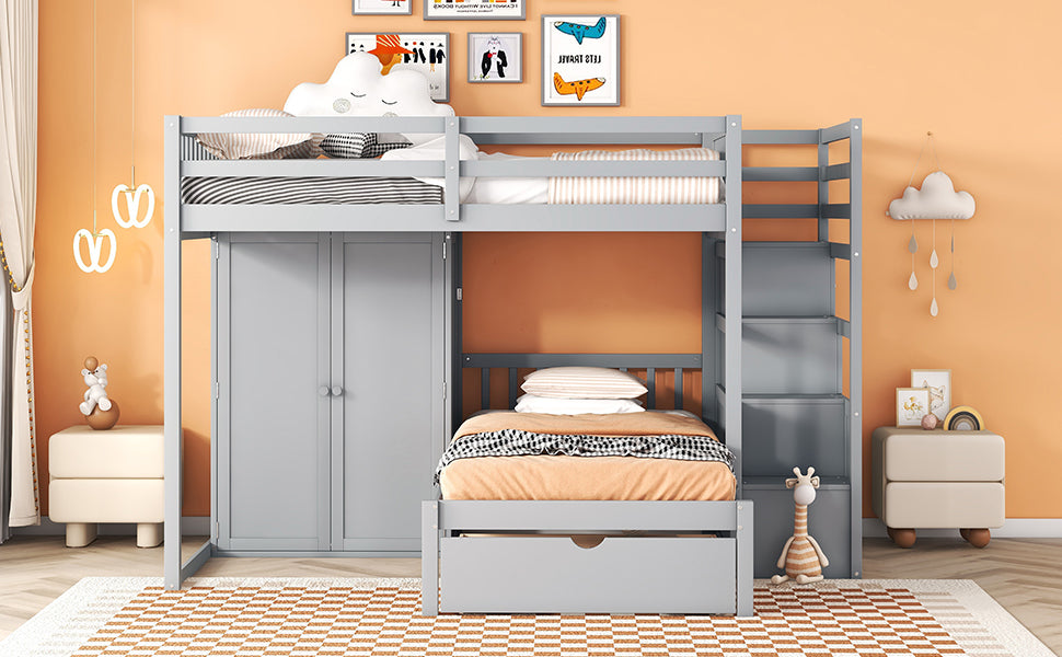 Full Over Twin Bunk Bed With Wardrobe, Drawers, Gray Gray Solid Wood