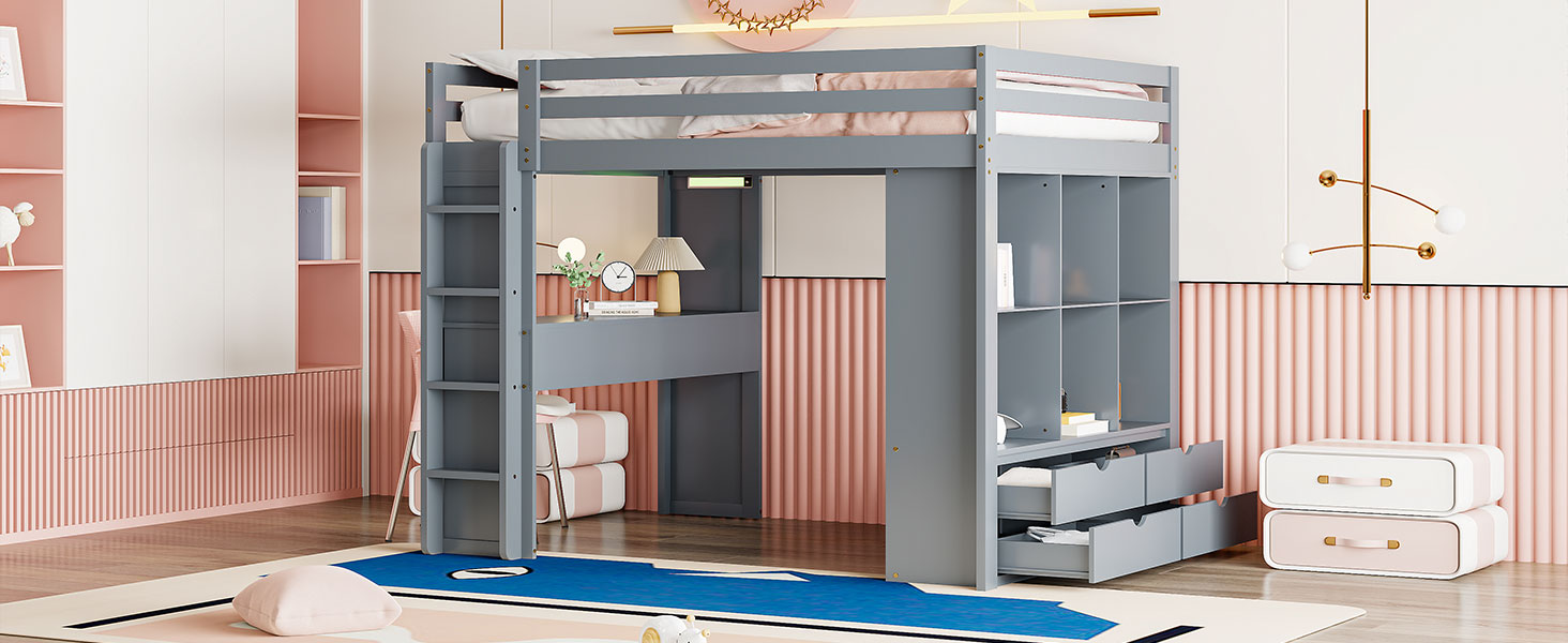 Full Size Loft Bed With Large Shelves, Writing Desk And Led Light, Gray Gray Solid Wood Mdf