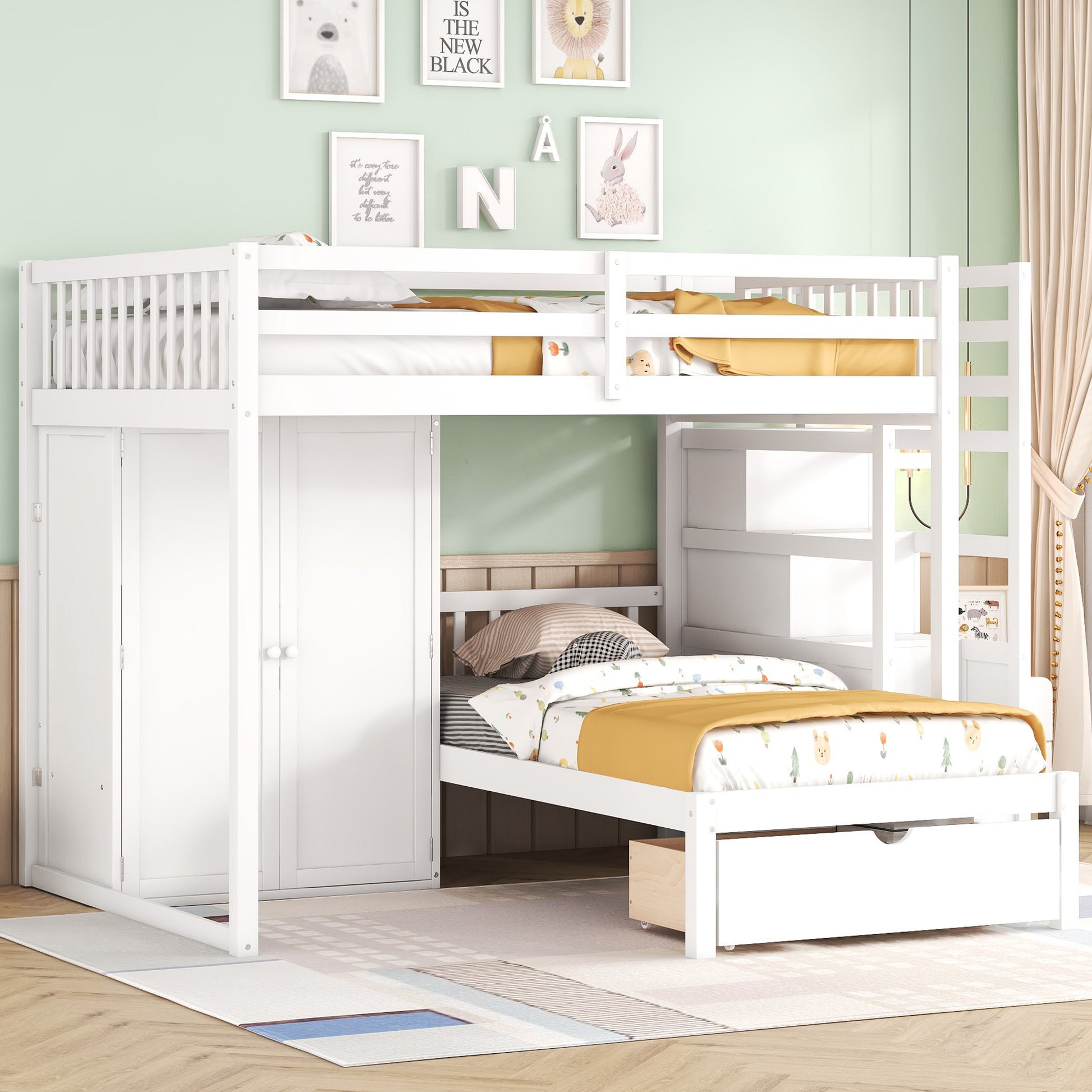 Full Over Twin Bunk Bed With Wardrobe, Drawers, White White Solid Wood