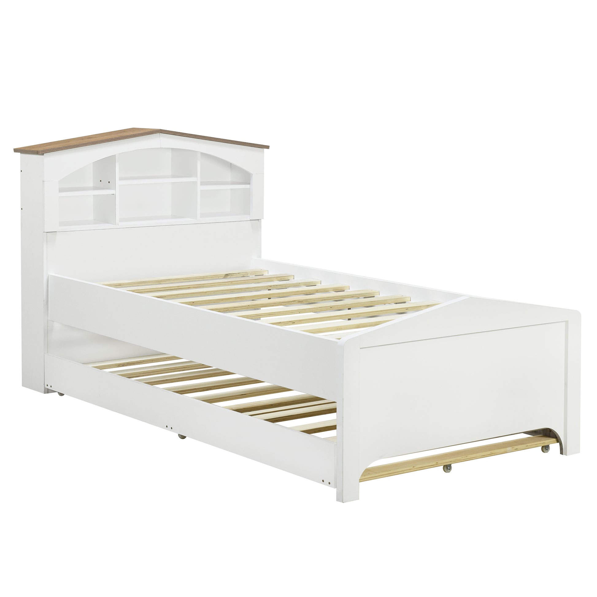 Twin Size Wood Platform Bed With House Shaped Storage Headboard And Trundle, White Box Spring Not Required Twin White Wood Bedroom Bed Frame Solid Wood Mdf