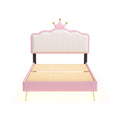 Twin Size Upholstered Princess Bed With Crown Headboard,Twin Size Platform Bed With Headboard And Footboard With Light Strips,Golden Metal Legs, White Pink Pink Pu