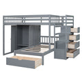 Full Over Twin Bunk Bed With Wardrobe, Drawers, Gray Gray Solid Wood