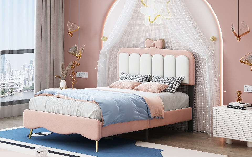 Twin Size Velvet Princess Bed With Bow Knot Headboard,Twin Size Platform Bed With Headboard And Footboard,White Pink Pink Velvet