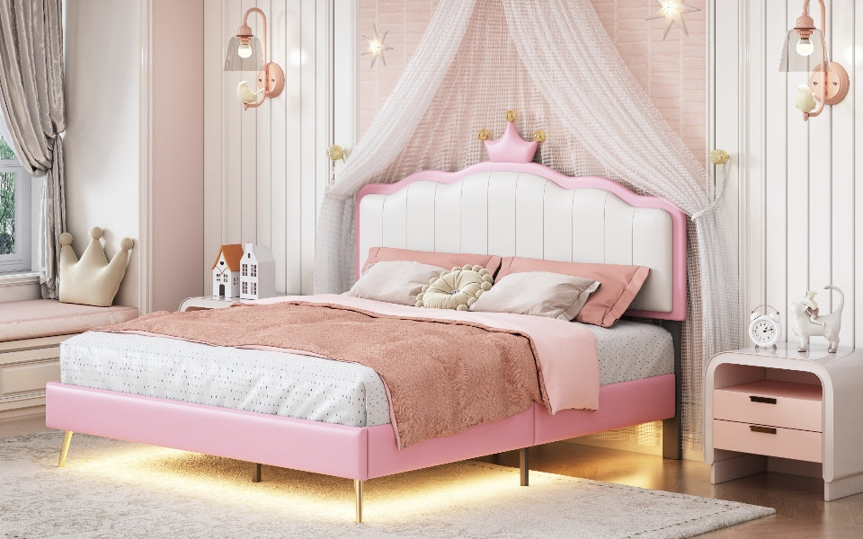 Full Size Upholstered Princess Bed With Crown Headboard,Full Size Platform Bed With Headboard And Footboard With Light Strips,Golden Metal Legs, White Pink Pink Pu