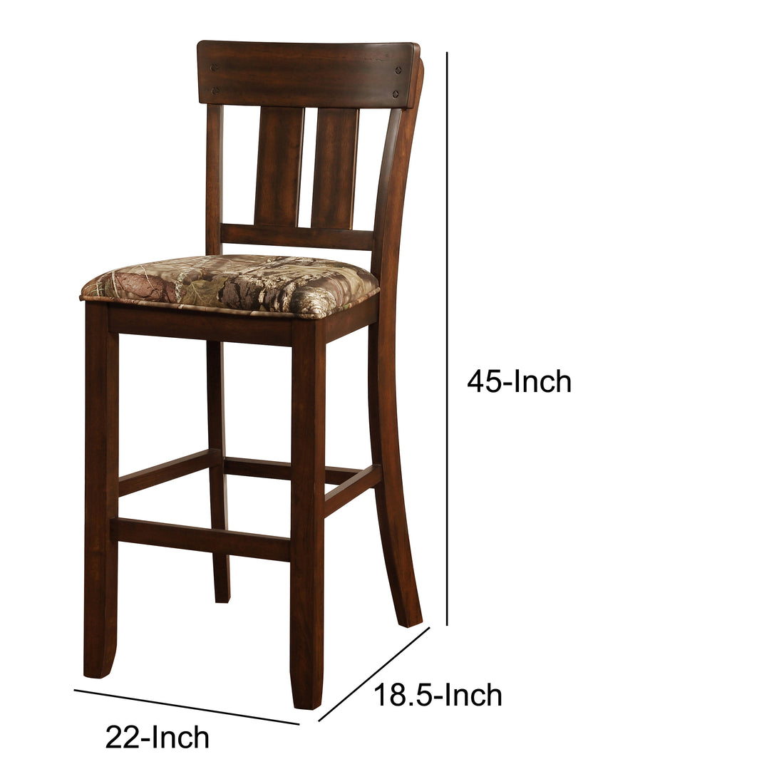 Wooden Bar Stool With Camouflage Fabric Seat, Brown Brown Wood Fabric