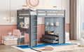 Full Size Loft Bed With Large Shelves, Writing Desk And Led Light, Gray Gray Solid Wood Mdf