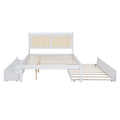 Full Size Elegant Bed Frame With Rattan Headboard And Sockets ,White Full White Rattan