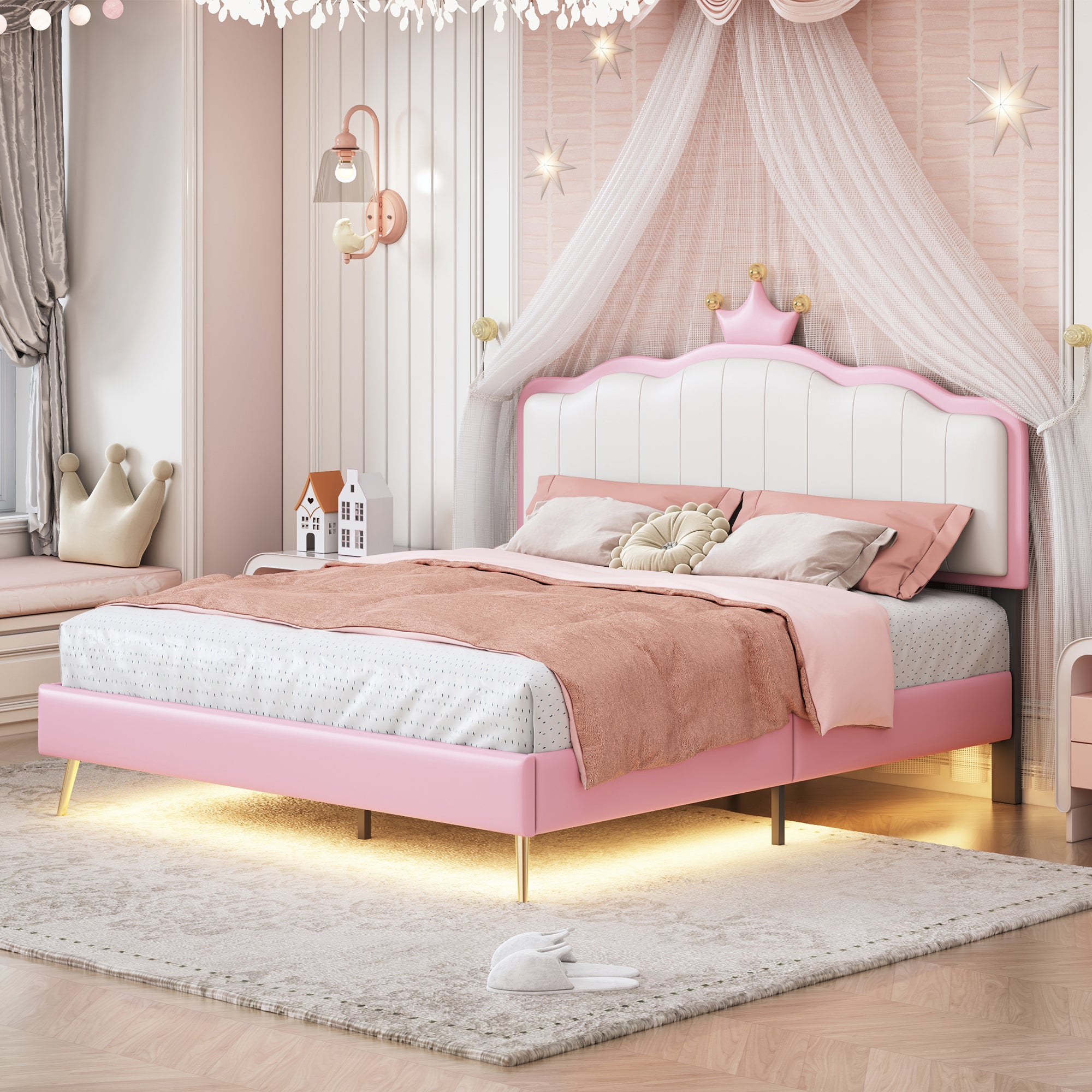 Full Size Upholstered Princess Bed With Crown Headboard,Full Size Platform Bed With Headboard And Footboard With Light Strips,Golden Metal Legs, White Pink Pink Pu