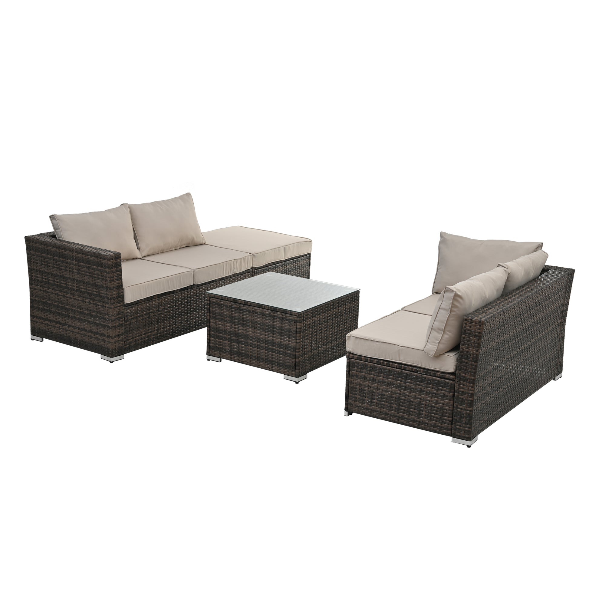 Patio Furniture, Outdoor Furniture, Seasonal Pe Wicker Furniture, 4 Set Wicker Furniture With Tempered Glass Coffee Table Brown Pe Rattan Iron Waterproof Fabric