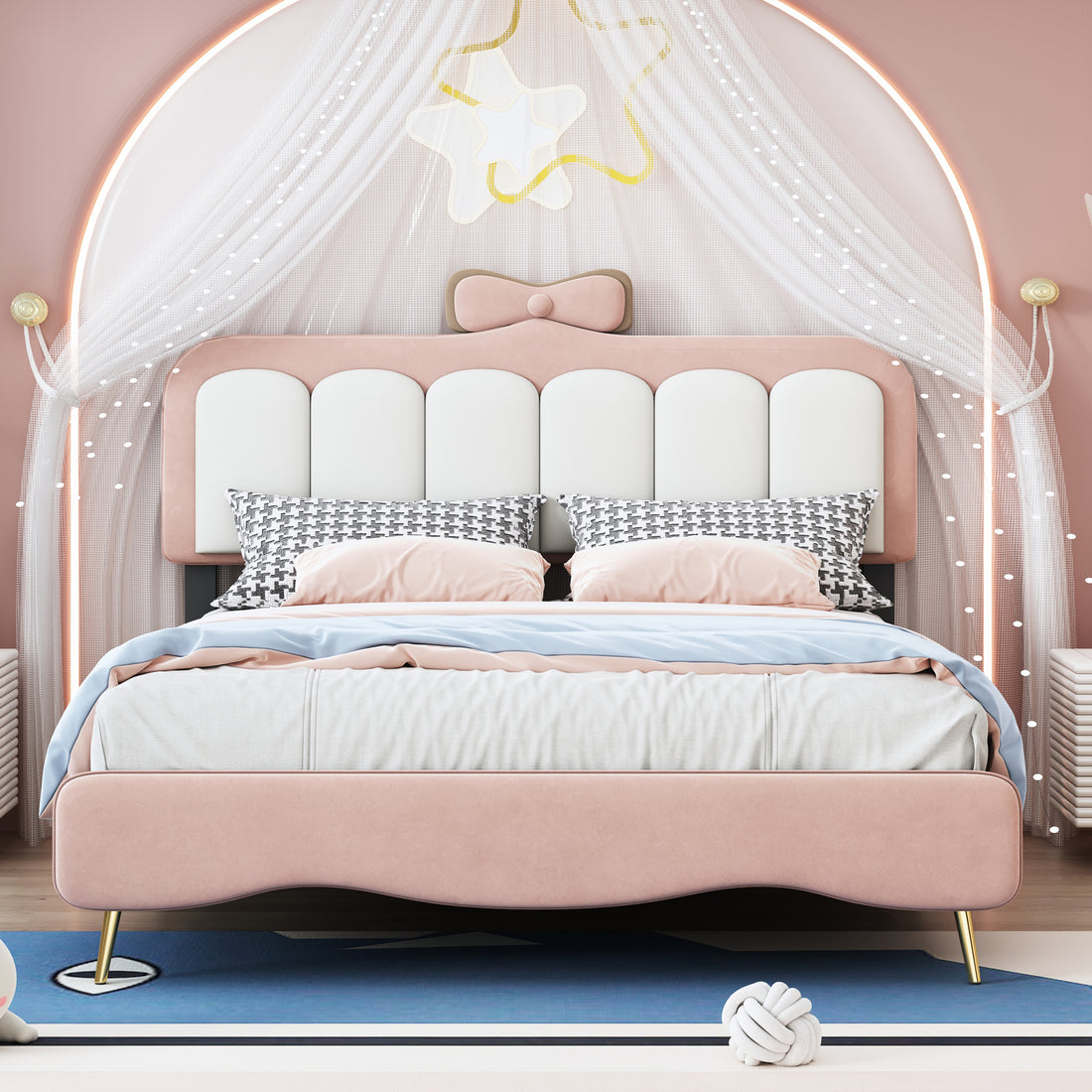 Full Size Velvet Princess Bed With Bow Knot Headboard,Full Size Platform Bed With Headboard And Footboard,White Pink Pink Velvet